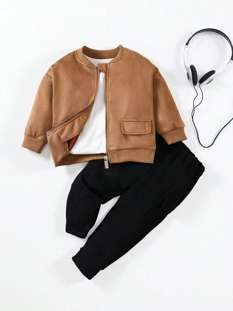 Souflis Souflis Infant/Baby Boys' Fashionable Suede Jacket And Casual Cargo Pants Set, Suitable For Outdoor, Autumn/Winter - Khaki - View 1