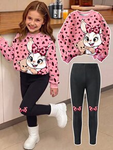 SHEIN Elladie kids 2pcs/Set Cute Rabbit Leopard Print Top, Girls Crew Neck Sweatshirt And Leggings Set, Fashionable Casual Suitable For Autumn/Winter School Student Pink - Multicolor - View 1