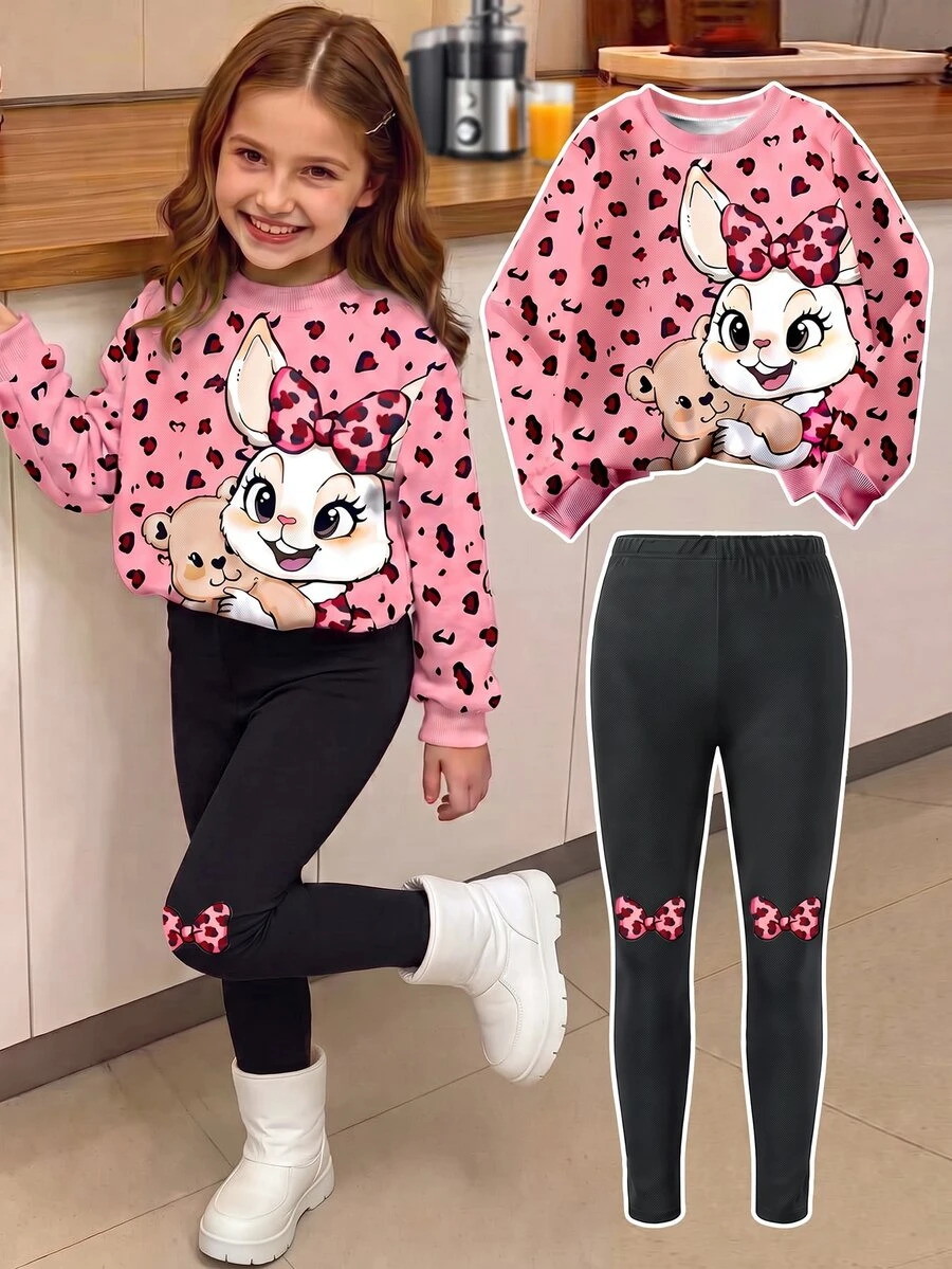 SHEIN Elladie kids 2pcs/Set Cute Rabbit Leopard Print Top, Girls Crew Neck Sweatshirt And Leggings Set, Fashionable Casual Suitable For Autumn/Winter School Student Pink - Multicolor - View 1