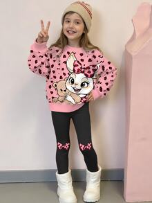 SHEIN Elladie kids 2pcs/Set Cute Rabbit Leopard Print Top, Girls Crew Neck Sweatshirt And Leggings Set, Fashionable Casual Suitable For Autumn/Winter School Student Pink - Multicolor - View 3