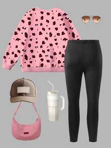 SHEIN Elladie kids 2pcs/Set Cute Rabbit Leopard Print Top, Girls Crew Neck Sweatshirt And Leggings Set, Fashionable Casual Suitable For Autumn/Winter School Student Pink - Multicolor - View 4