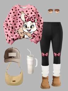 SHEIN Elladie kids 2pcs/Set Cute Rabbit Leopard Print Top, Girls Crew Neck Sweatshirt And Leggings Set, Fashionable Casual Suitable For Autumn/Winter School Student Pink - Multicolor - View 2