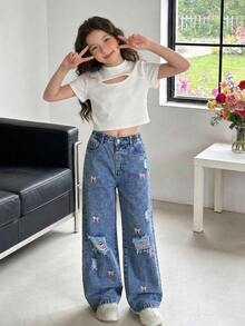 SHEIN Tween Girls Ripped Jeans Summer Streetwear Cute Y2K Style Vintage Washed Pink Blue Denim Elastic Waist Pink Bow Embroidery Wide Leg Fit School Holiday - Dark Wash - View 7