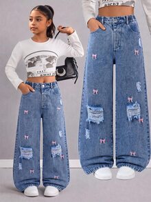 SHEIN Tween Girls Ripped Jeans Summer Streetwear Cute Y2K Style Vintage Washed Pink Blue Denim Elastic Waist Pink Bow Embroidery Wide Leg Fit School Holiday - Dark Wash - View 4