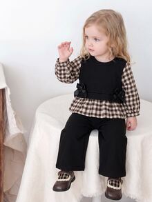 Elladie kids 嬰兒/幼兒(女童)針織黑色拼接格紋長袖蝴蝶結T恤上衣＋羅紋長褲2件套休閒可愛親子套裝秋季 - 黑色 - 查看 1