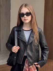 Teen Girl Long Sleeve Fleece Lined Casual Daily Black Jacket Halloween Autumn Fall Style - Black - View 2