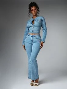 BABYPHAT Celana Jeans Model Flare dengan Logo Bordir Merah Muda dan Detail Mahkota, Pinggang Sedang, Gaya Retro Y2K Denim Bootcut - Medium Wash - View 5