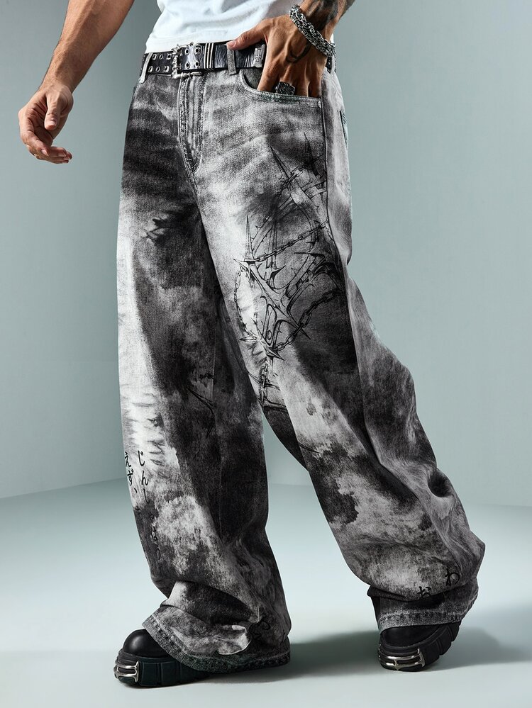 ROMWE MEN Street Life Men's Ink Wash Thorn Print Pocket Button Casual Daily Denim Jeans - Multicolor - View 5