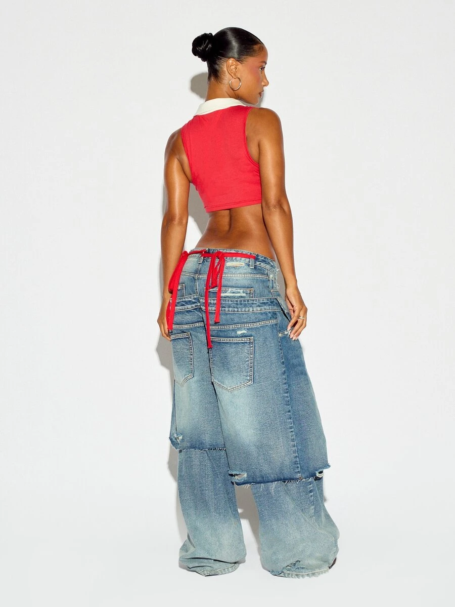 SUMWON WOMEN Oversized Baggy Wide Leg Distressed Jeans With Patchwork Detail Low Rise Ripped Denim Pants Festival Summer Street Style - Blue - View 1