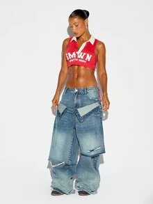 SUMWON WOMEN Oversized Baggy Wide Leg Distressed Jeans With Patchwork Detail Low Rise Ripped Denim Pants Festival Summer Street Style - Blue - View 3