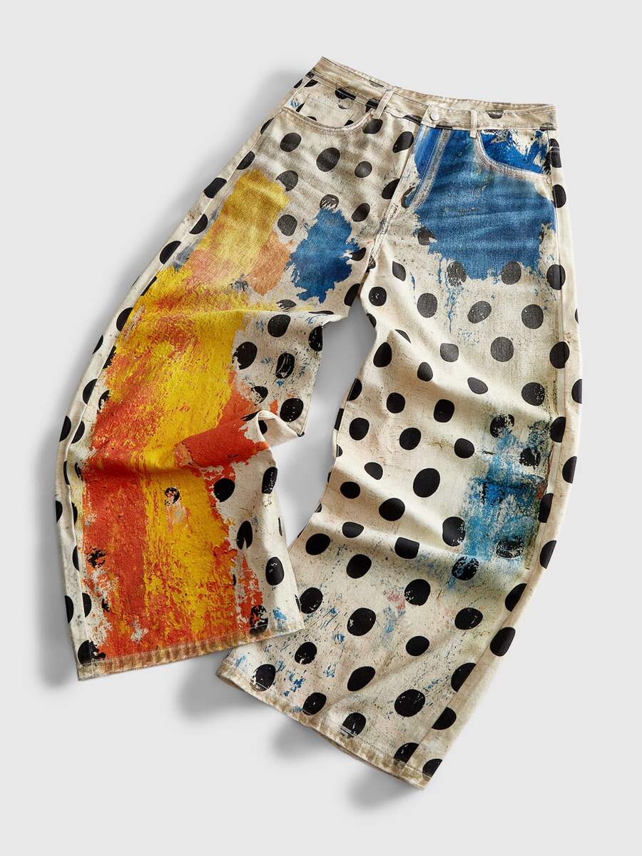 ROMWE MEN Street Life Men's Polka Dot Colorful Printed Jeans - Multicolor - View 1