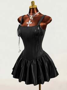 Zolique Women's Solid Color Front Tie Fashion Elegant Sexy Gothic Spaghetti Strap Dress Night Out Club Black Summer Halloween - Black - View 5
