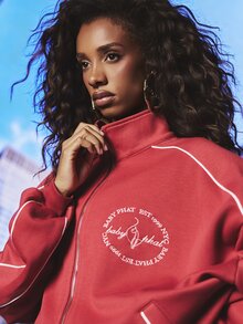 BABYPHAT Est 1999 NYC Jaket Track Top Ritsleting Penuh dengan Lis Kontras Putih dan Logo Bordir di Dada, Potongan Longgar, Lengan Panjang - Merah - View 2