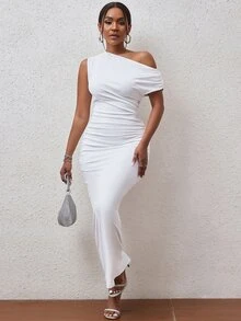 BamGleam Solid Asymmetrical Neck Ruched Side Bodycon Dress Maxi Women Outfit - White - View 2