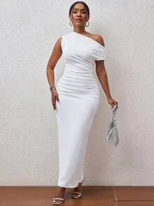 BamGleam Solid Asymmetrical Neck Ruched Side Bodycon Dress Maxi Women Outfit - White - View 8