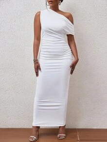 BamGleam Solid Asymmetrical Neck Ruched Side Bodycon Dress Maxi Women Outfit - White - View 5
