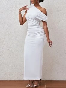 BamGleam Solid Asymmetrical Neck Ruched Side Bodycon Dress Maxi Women Outfit - White - View 6
