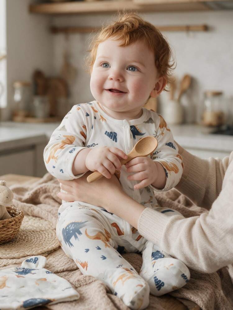 SHEIN 2pcs Baju Terusan Bayi Laki-Laki Baru Lahir dengan Penutup Kaki, Lucu, Manis, Putih, Biru, Oranye, Motif Dinosaurus Mengaum, Lengan Panjang, Leher Bulat, Ukuran Biasa, untuk Ulang Tahun, Musim Gugur, Liburan, Halloween, dan Topi. - MultiWarna - View 1