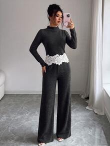 Elenzga Women's Elegant Contrast Lace Hem Stand Collar Long Sleeve Top And Pants Set - Multicolor - View 6