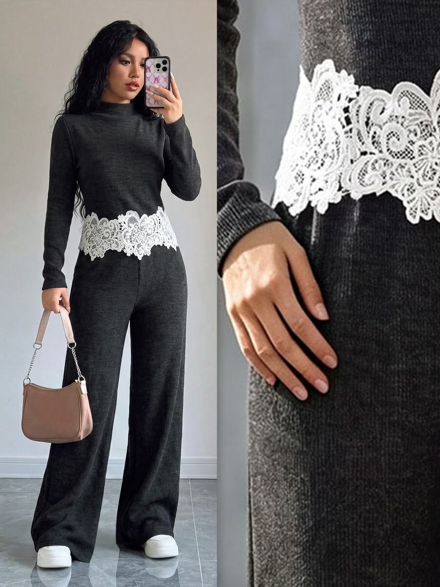 Elenzga Women's Elegant Contrast Lace Hem Stand Collar Long Sleeve Top And Pants Set - Multicolor - View 1