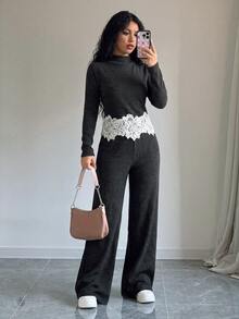 Elenzga Women's Elegant Contrast Lace Hem Stand Collar Long Sleeve Top And Pants Set - Multicolor - View 5