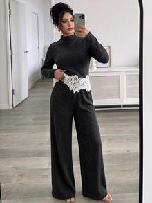 Elenzga Women's Elegant Contrast Lace Hem Stand Collar Long Sleeve Top And Pants Set - Multicolor - View 4