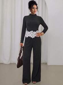 Elenzga Women's Elegant Contrast Lace Hem Stand Collar Long Sleeve Top And Pants Set - Multicolor - View 7