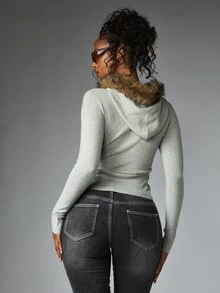 BABYPHAT Hoodie Pendek dengan Resleting, Tudung Berhiaskan Bulu Imitasi, dan Logo Tulisan Warna Pink untuk Musim Gugur dan Musim Dingin - Light Grey - View 6