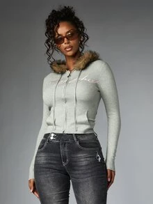 BABYPHAT Hoodie Pendek dengan Resleting, Tudung Berhiaskan Bulu Imitasi, dan Logo Tulisan Warna Pink untuk Musim Gugur dan Musim Dingin - Light Grey - View 4