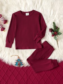 SHEIN Young Girls Young Girl Autumn/Winter Tight Long Sleeve Top And Long Pants Set, Home Wear Set, 2 Pieces Outfit Suitable For Autumn/Winter - Pink - View 3