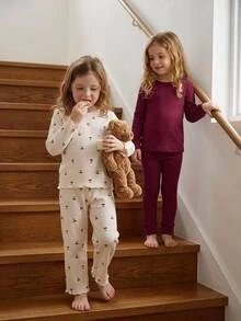 SHEIN Young Girls Young Girl Autumn/Winter Tight Long Sleeve Top And Long Pants Set, Home Wear Set, 2 Pieces Outfit Suitable For Autumn/Winter - Pink - View 2