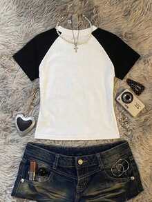 Jade & Ember Women's Summer Contrast Color Raglan Short Sleeve Frog Button Design T-Shirt - Multicolor - View 2