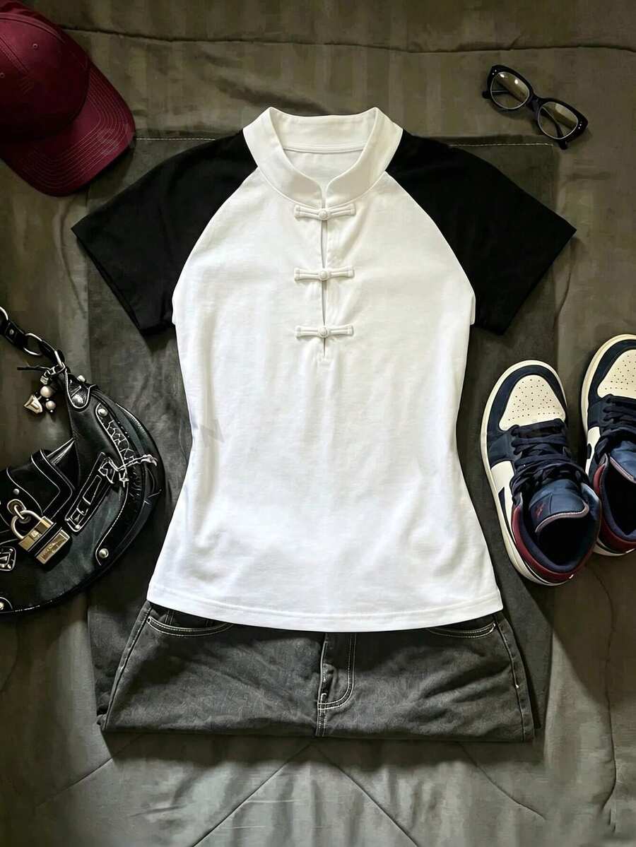 Jade & Ember Women's Summer Contrast Color Raglan Short Sleeve Frog Button Design T-Shirt - Multicolor - View 1