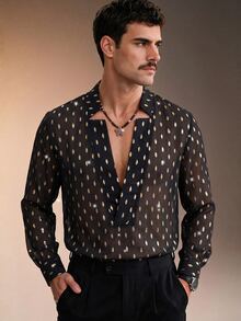 ZURIURI Men's Black & Gold Sheer Sexy V-Neck Shirt - Multicolor - View 4