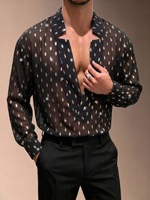 ZURIURI Men's Black & Gold Sheer Sexy V-Neck Shirt - Multicolor - View 1