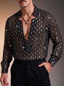 ZURIURI Men's Black & Gold Sheer Sexy V-Neck Shirt - Multicolor - View 5