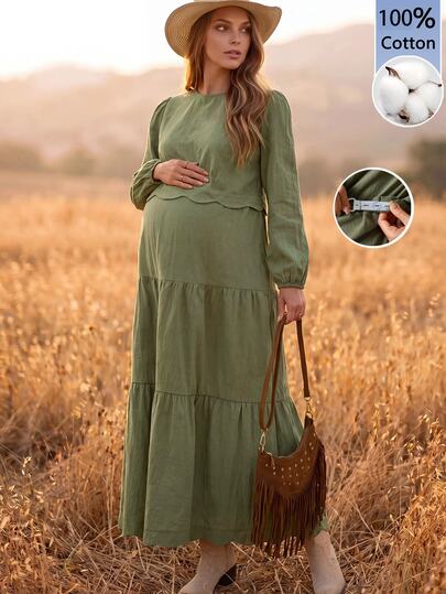 Boho Mama Maternity Solid Color Long Sleeve Top And Adjustable Waist Skirt Fashion 2 Pieces Set