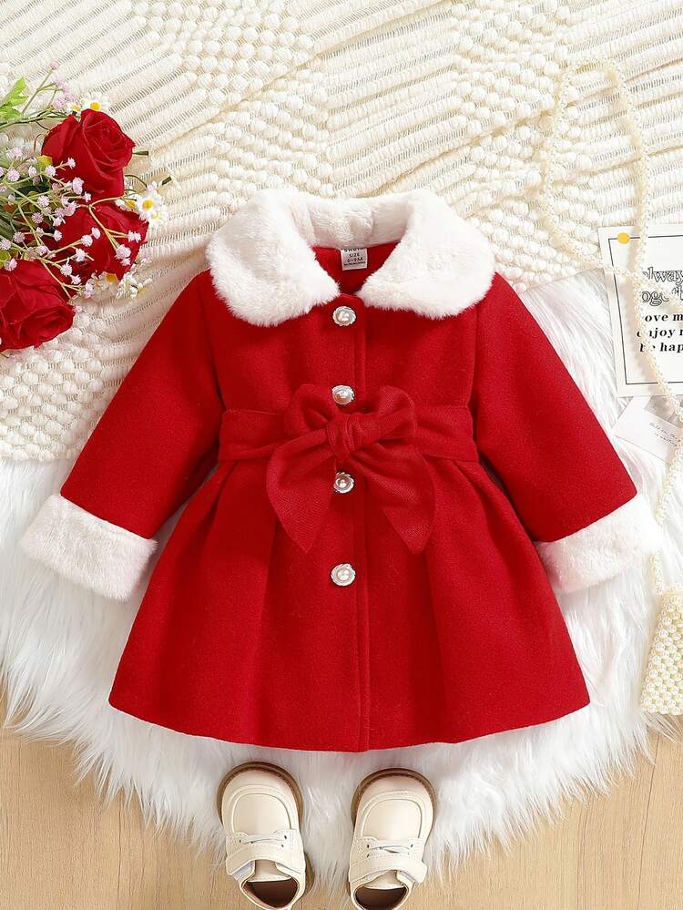 Souflis Souflis Baby Girl Furry Collar & Cuff Bow Waist A-Line Coat, Button Front Long Sleeve Warm Outerwear For Autumn Winter - Red - View 5