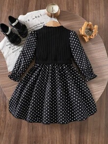 SHEIN 女童復古牛仔仙女花童公主兩件式無袖洋裝，黑色底白色波點，7歲生日洗禮婚禮秋冬款 - 黑與白 - 查看 2