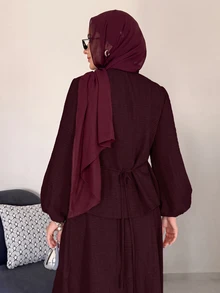 Solavon 女款前綁帶抓皺長袖上衣與長裙兩件套，酒紅色，秋季優雅端莊，適合日常、早午餐與度假 - 酒紅色 - 查看 10