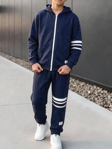 Teen Boy Hoodie Zip-Up Jacket And Pants Set - Blue - View 1