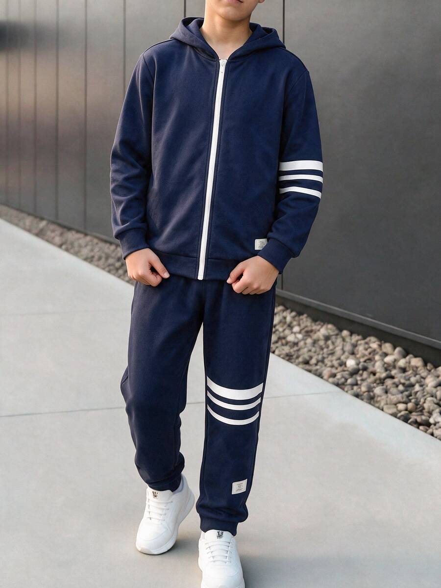 Teen Boy Hoodie Zip-Up Jacket And Pants Set - Blue - View 1