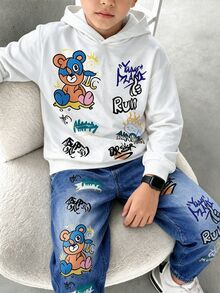 SHEIN 2件組兒童青少年男孩休閒極簡卡通熊圖案寬鬆長袖連帽衛衣套裝，適合秋冬春季，適合戶外玩耍、學校、街頭穿搭、派對與居家休閒 - 白色 - 查看 4