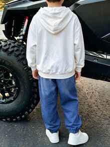 SHEIN 2件組兒童青少年男孩休閒極簡卡通熊圖案寬鬆長袖連帽衛衣套裝，適合秋冬春季，適合戶外玩耍、學校、街頭穿搭、派對與居家休閒 - 白色 - 查看 5