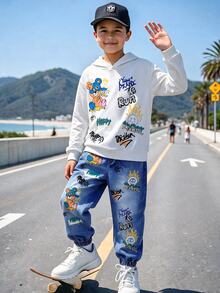 SHEIN 2件組兒童青少年男孩休閒極簡卡通熊圖案寬鬆長袖連帽衛衣套裝，適合秋冬春季，適合戶外玩耍、學校、街頭穿搭、派對與居家休閒 - 白色 - 查看 2
