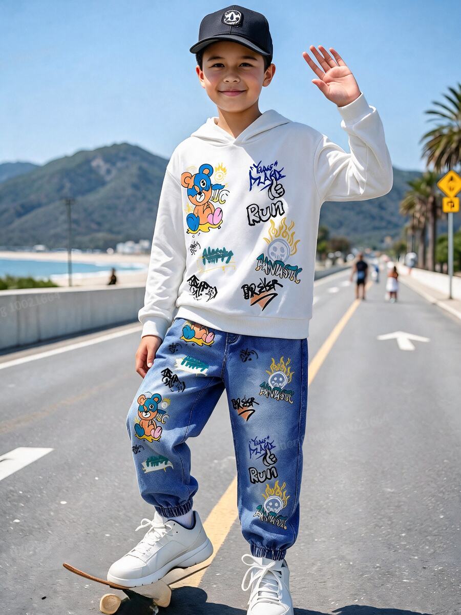 SHEIN 2件組兒童青少年男孩休閒極簡卡通熊圖案寬鬆長袖連帽衛衣套裝，適合秋冬春季，適合戶外玩耍、學校、街頭穿搭、派對與居家休閒