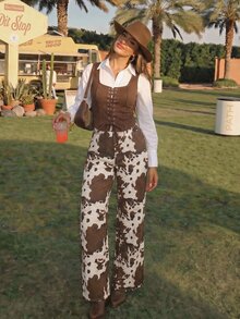 SHEIN MOD Women's All-Over Print Casual Versatile Daily Wear Long Pants - Brown - View 2