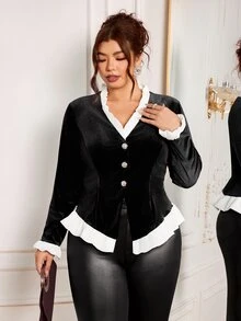 Modelyn Elegant Knitted Velvet Contrast Color Ruffle Long Sleeve Slim Fit Regular Spring Autumn Plus Size Jacket - Black - View 3