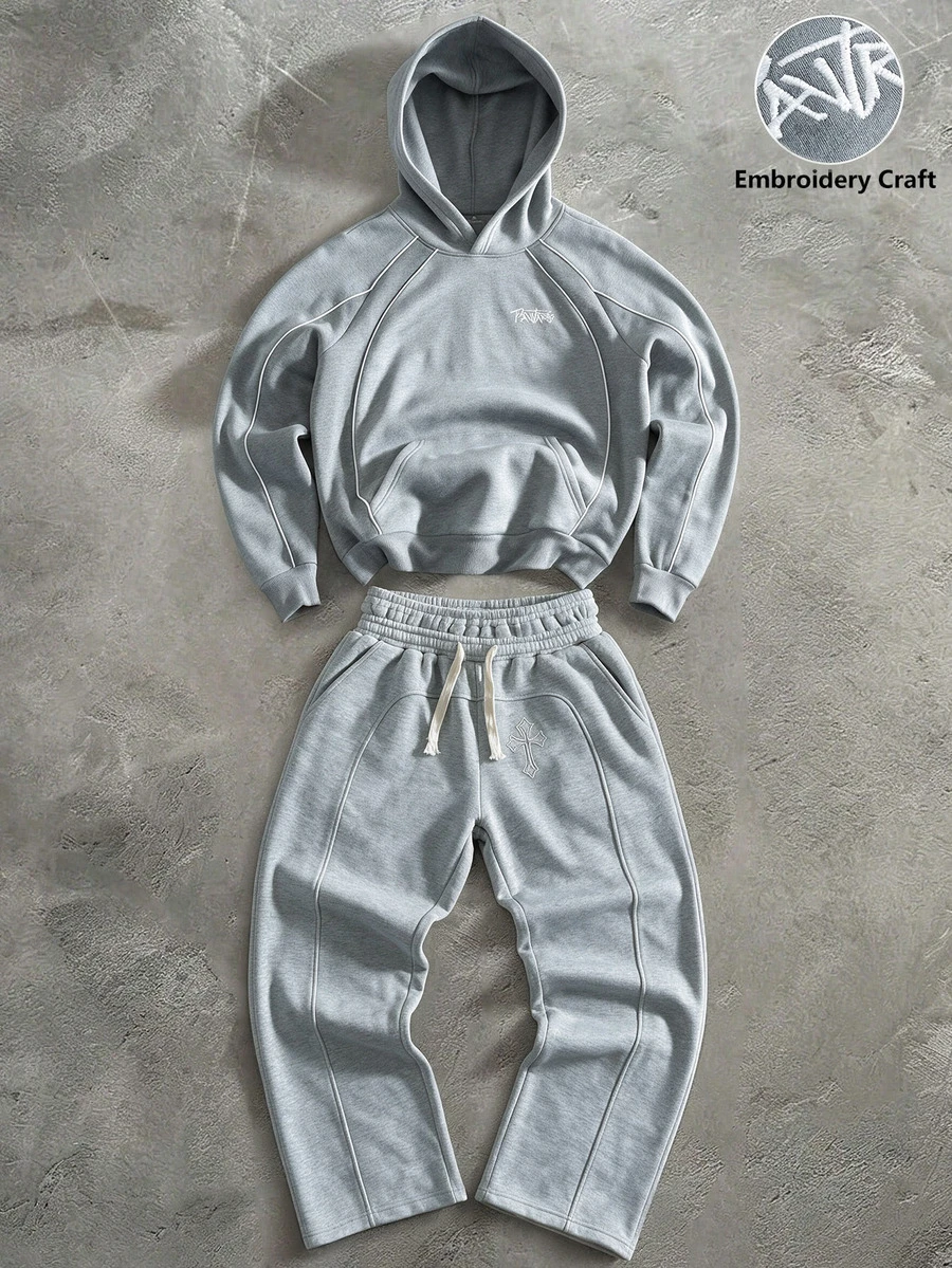 SHEIN 兒童青少年男孩休閒日常百搭舒適灰色刺繡圖案直筒寬鬆運動長褲,適合返校、生日派對、晚會、表演、婚禮、洗禮、開幕式等場合,適合日常穿著、學校、旅行、運動,秋冬適用 - 灰色 - 查看 1