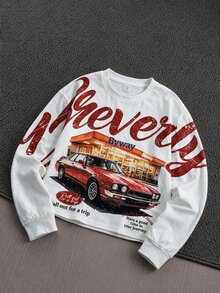 SHEIN Kids Tween Boy Racing Car Print Long Sleeve T-Shirt Casual College Style Comfortable Fashion Minimalist Practical Versatile Cute Soft Comfortable Suitable For Daily Wear Suitable For School Suitable For Outings Suitable For Sports Suitable For Holiday Parties - Blue - View 2